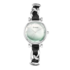 JewelryWe Women's Watch Leather Oval Watch Women's Small Analogue Quartz Wrist Watch Women Slim Leather Strap Ultra Thin Casual Watch with Oval Case Gift, Round - Black/Silver, Dress