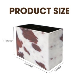 Western Cow Pen Holder: PU Leather Pencil Cup, 5.9x2.8x4.3'' Longhorn White Cowhide with Black And Brown Spots Pen Organizer, Makeup Brush Holder for Table Desk Office Space-Saving (2 Compartments)