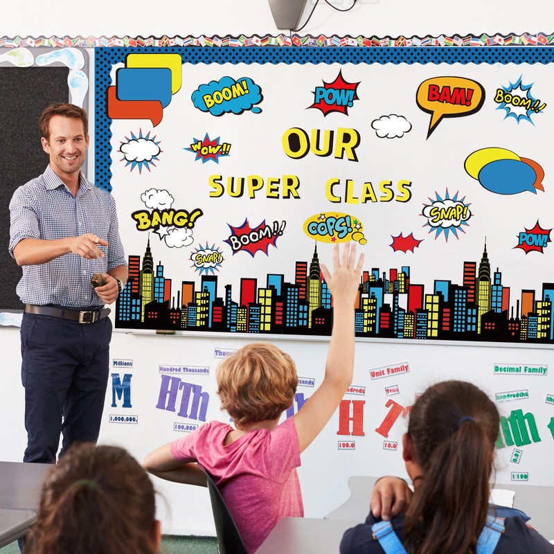 FYSUIMU 52Pcs Super Themed Hero Bulletin Board Decoration Set Cityscape