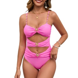 lulukaka Women's One Piece Swimsuit, Cutout Ruched Bathing Suits, Adjustable Straps Swimwear with Starfish Accents, Rose S 0~2 US Size