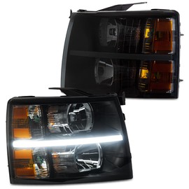 GRAND ORANGE LED Bar Headlight Assembly Compatible with 2007-2013 Chevy Silverado 1500/ Fit 2007-2014 Silverado 2500 3500 2500HD 3500HD Smoke Lens Black Housing Amber reflector