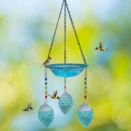 2-in-1 Hummingbird Feeder and Bird Bath, Plastic Bird Bath Bowl for Small Birds, Hanging Glass Feeder, for Outdoors Garden, Patio, Backyard Wildlife Decor