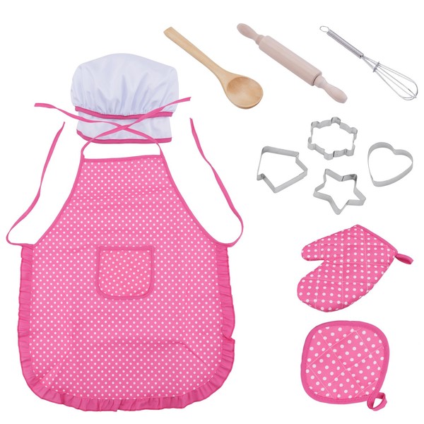 Amatt Chef Set for Kids, 11pcs Children Cooking Set for Girls Toddler Role Play Cook Costume with Apron, Chef Hat, Utensils, Cooking Mitt