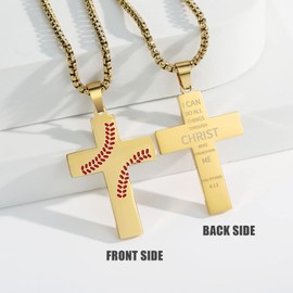 Baseball Cross Necklace for Men - Inspirational Bible Verse Pendant, Stainless Steel Chain 22+2 inch, Sports Gift for Men (Gold - I CAN DO)