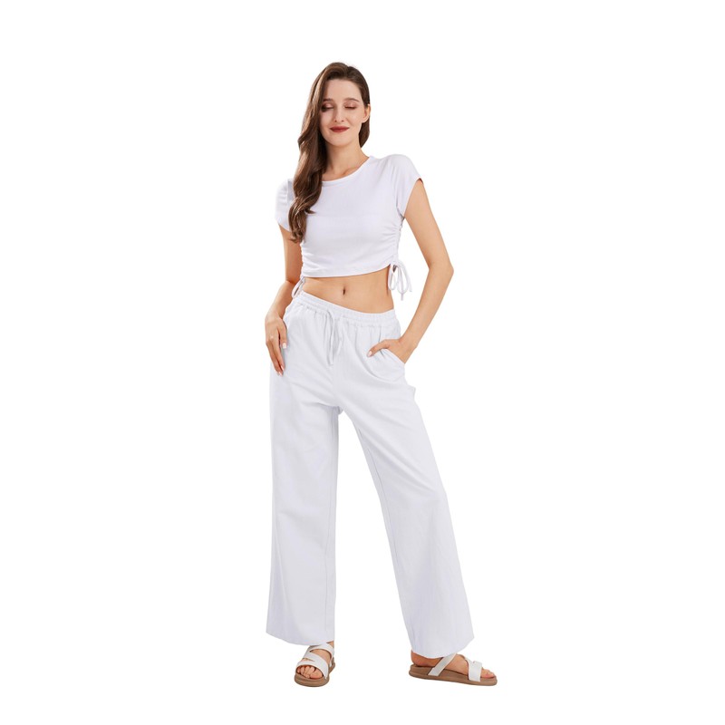 CHARTOU Women's Summer Drawstring Waist Wide Leg Loose Cotton Linen