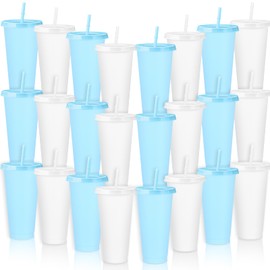 24 Pcs White and Light Blue Plastic Cups with Lids and Straws Something Blue Wedding Party Supplies 24 oz Reusable Bachelorette Cup Beverage Drinks Tumbler Gifts Bridal Baby Shower Birthday Party
