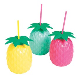 Fun Express Set of 6 Pieces Pineapple Shaped Cups with Straws, Each Holds 24 oz, BPA Free PLastic, Luau and Tropical Party Supplies, Multi-Color