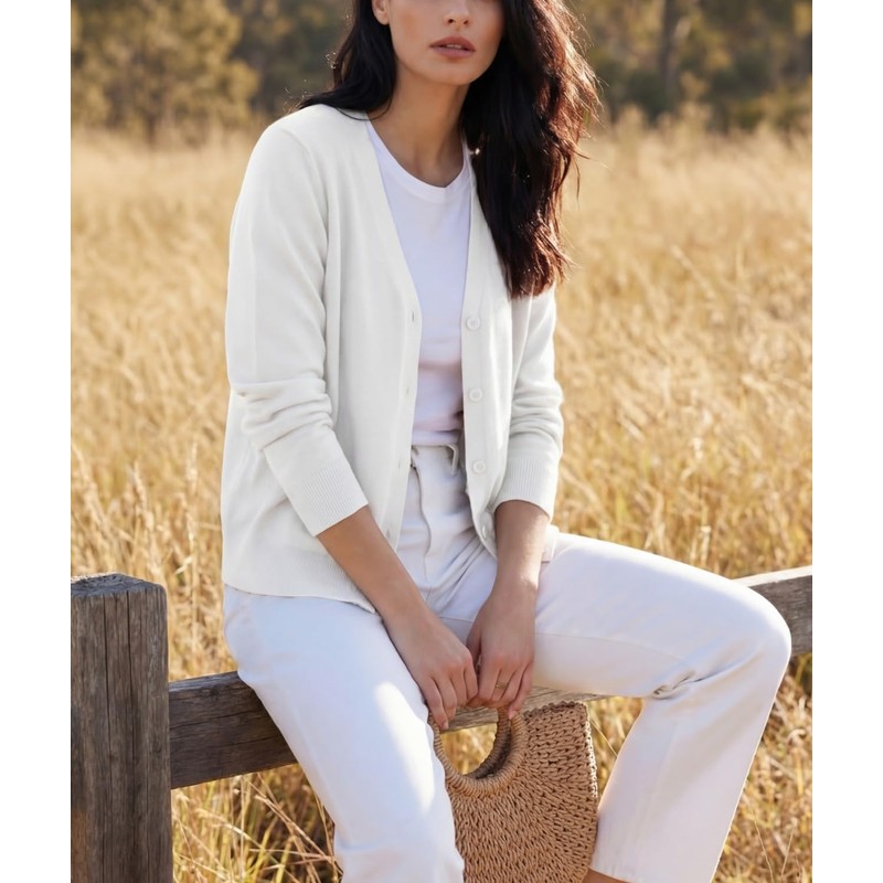 GRECERELLE Womens White Lightweight Long Sleeve Cardigan Casual Button Down