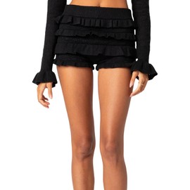Women Hollow Out Crochet Knit Shorts Ruffled Layered Pleated Tiered Summer Fall Beach Music Festival Shorts (C-Black, S)