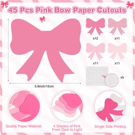 Kosiz 45 Pcs Bow Theme Party Cutouts Pink Bow Paper Cuts Decor Pink Bowknot Bulletin Board Decoration for Home School Classroom Birthday Bachelorette Baby Shower Bridal Shower Party Supplies (Bow)