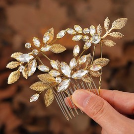 Kisshine Leaf Bride Wedding Hair Pins Gold Rhinestone Hair Piece Bridal Hair Combs Wedding Hair Accessories for Women and Girls(Pack of 3)