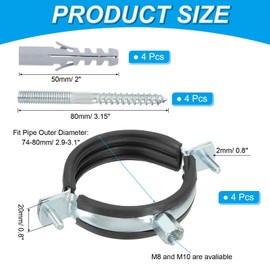 PATIKIL 2.9"-3.1"/74-80mm Split Ring Pipe Hanger, 4 Pcs Heavy Duty Adjustable Pipe Bracket Clamp Galvanized Iron Wall Ceiling Mount Pipe Strap Support with Screws & Expansion Tube, Black