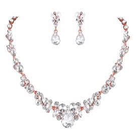 EVER FAITH Rhinestone Crystal Bridal Floral Teardrop Necklace Earrings Set Clear Rose Gold-Tone