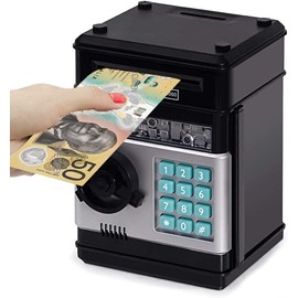 Piggy Bank Cash Coin Can ATM Bank Electronic Coin Money Bank for Kids - Hot Gift, Money Bank with Password Cute ATM Piggy Bank Coin Can for Real Money, Auto Scroll Paper Money Saving Box (Black)