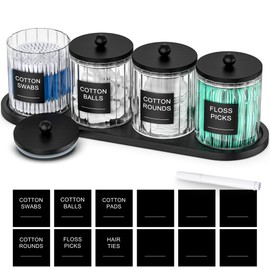 masadi 4 Pack Glass Qtip Holder Set with Tray- Bathroom Countertop Set Organizers, Cotton Round Swab Holder Dispenser Cotton Ball Holder, Apothecary Jars with Lids, Floss Pick Containers - ms Black