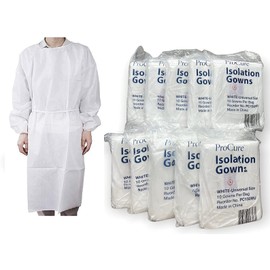 ProCure PC150WU - Procure Disposable Isolation Gowns 100-Count Longsleeve with Elastic Cuffs, Universal Size, White - Case of 100 Protective Isolation Gowns