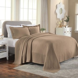 Cottage Core Country Design Raised Matelasse Woven Texture Cotton Bedspread Twin Size 2 Piece Set | Farmhouse Bedding Taupe Brown Color All Seasons Soft Plush Cozy Hotel Formal Luxury Look