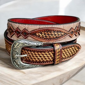 DANIEL'S ARTPLANET Men's Western Belt 1.5” Wide Full Grain One Piece Leather Belt with Buckle Handmade Engraved Tooled (Fits 26" waist)