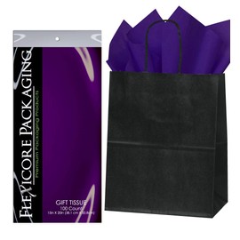 Flexicore Packaging® | 8"x4.75"x10.25" Black Kraft Paper Gift Bags + Gift Tissue Paper (Purple, 50 Bags)