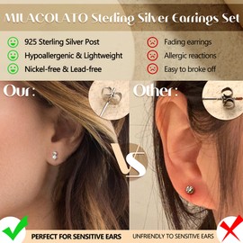 MILACOLATO 3 Pairs 925 Sterling Silver Earrings Set for Women Dainty 14K Gold Plated Stud Huggie Small Hoop Earrings Stacks for Sensitive Ears Hypoallergenic Hoop Stud Earring for Multiple Piercing - White Gold-Dangle Stud Set