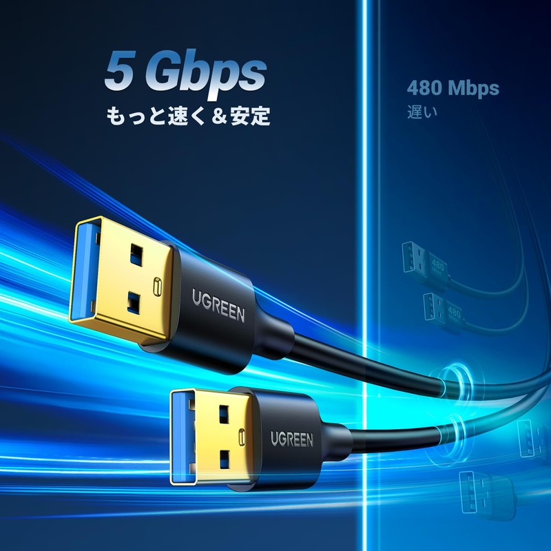 UGREEN USB 3.0 ケーブル タイプA-タイプA オス-オス 金メッキコネクタ搭載 高耐久性 USBケーブル 両端