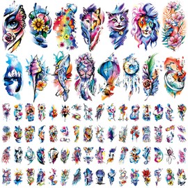 Cerlaza 79 Sheets Temporart Tattoos Realistic for Adult Kids, Colorful Fake Tattoos Waterproof With Lion Cat Rabit Butterfly, Long Lasting Temp Tattoo Stickers for Women Girls