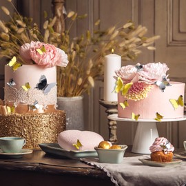 BBTO 48 Pieces Butterfly Wall Decor DIY Mirror 3D Butterfly Stickers Removable Decals for Home Bedroom Bathroom Living Room Decor(Gold,Silver)