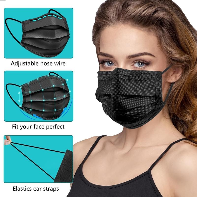 100 PCS Disposable Face Masks, Black Masks, 3 Ply Protection