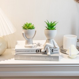 VENY TAYA 2 PCS Unique Artificial Plants Succulents Office Decor for Women and Men, Small Fake Plants with Human-Shaped Pots, Cute Faux Plants Indoor for Office or Home Decoration, White