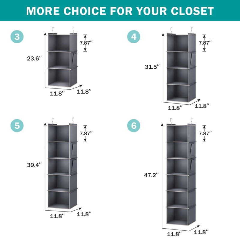 YOUDENOVA Hanging Closet Organizer, 5-Shelf Closet Hanging Storage Shelves, Grey