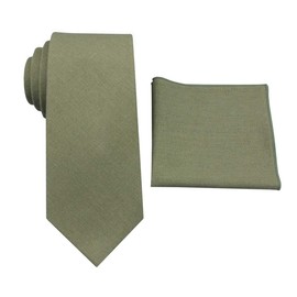 Mens Solid Linen Tie and Pocket Square Set - Slim - Regular - Extra Long Necktie (Sage Green, Regular Tie)