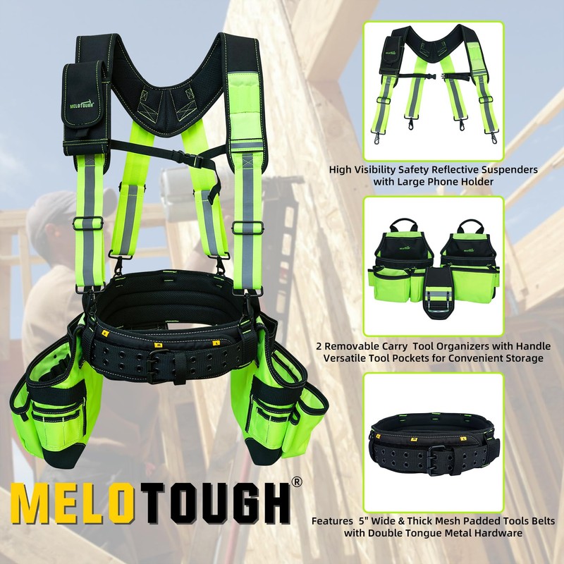 MELOTOUGH Reflective Safety Tool Belt with Suspenders Tool Bag Supenders