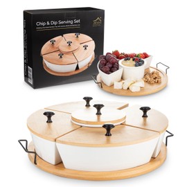 DEVA Home Design Chip and Dip Serving Set | Rotating Bamboo Lazy Susan Appetizer Tray with Black Handles | White Ceramic Bowls with Bamboo Lids | Divided Round Party Platter | Giftable
