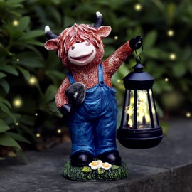 WSHMZYHOME Highland Cow Garden Statue 10.4" with Solar Lantern， Decorative Farm Animal Figurine for Indoor Outdoor Home Patio Yard Lawn Ornament and Gift for Mom