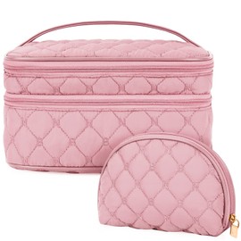 NUBILY Cosmetic Bag Women's Make Up Bag Double Layer Toiletry Bag Large Waterproof Toiletry Bag Travel Makeup Bag Girls 2 Pieces Black, pink