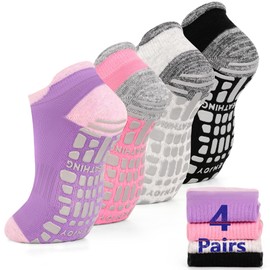 GRPSKCOS Pilates Yoga Grip Socks 4 Pairs Women Non Slip Socks for Barre Home Hospital(01 Black+Grey+Pink+Purple, 5-8)