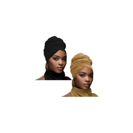 2 PCS headwraps for black wome Stretch Jersey Turban Black Women African Hair Wraps Breathable Super soft and long (Black, brown)