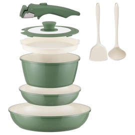 Ceramic Cookware Set Non Stick 8Pcs Pots and Pans Set Detachable Handle Induction Kitchen Cooking Set with Frying Pans Oven Dishwasher Safe, PFAS/PFOA Free, Forest Green
