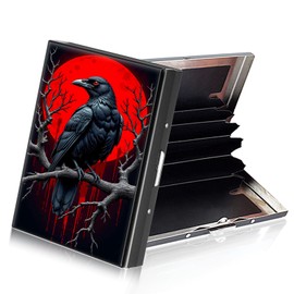 ETLKJVBL RFID Credit Card Holder Accordion Style, Metallic Slim Wallet with RFID Blocking Protector Sleeves, Raven on Branch Red Moon Stylish Credit Card Case for Women and Men