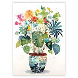 Birthday/Blank Greeting Card For Him/Her - Male/Female - House Plant and Birds - Artistic Design - Special Finishes - General Card Suitable for Any Occasion - Made in the UK - Eco-Friendly