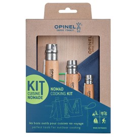 Opinel Nomad Camping Kitchen Utensil Kit, Includes No.12 Serrated Knife, No. 10 Corkscrew Knife, No. 6 Peeler, Cutting Board (New Version)