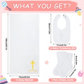 Panitay 3 Pcs Baptism Gift Baby Baptism Accessories Baby Christening Blanket Baptism Bib and Socks Set White Blanket with Embroidery Cross for Newborn Infant Baptism Supplies