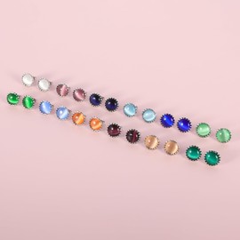 12 Pairs Multicolor Cats Eye Stone Stud Earrings, 18K Gold Plated Surgical Stainless Steel Colorful Gemstone Stud Earrings Set for Women (Silver 8mm)