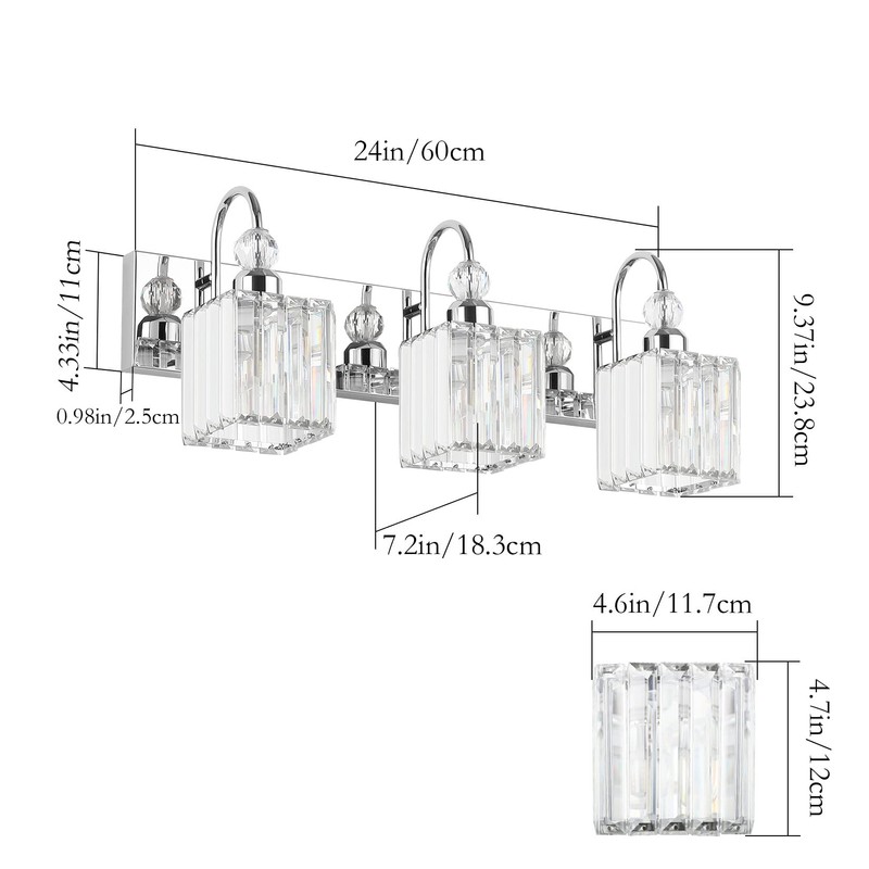 Ralbay Chrome Crystal Bathroom Vanity Light - 3-Lights, 24" Modern