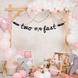 Two Fast Banner, 2nd Birthday Decorations, Race Car Theme Party Supplies, Child's 2nd Birthday Party Decorations Black Glitter