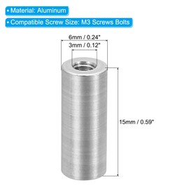 PATIKIL 6pcs M3 Metal Threaded Standoff Spacer Nuts, Round Aluminum Spacers Female Coupling Screws, 1/8" ID x 1/4" OD, Silver, (15mm L)