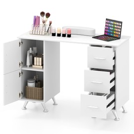 LDAILY Moccha Nail Desk, Manicure Table w/ 3 Drawers & 2 Storage cabinets, Wrist Rest, 8 Metal Legs, Acetone Resistant Nail Desk for Nail Tech, Nail Table Station for Salon Beauty, Home (White)