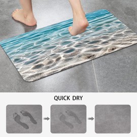 Blue Beach Bathroom Mat Quick-Drying Non-Slip Rubber Bath Mats Super Absorbent Ocean Sand Waves Bath Mat Instant Dry Bathroom Rug in Front of The Kitchen Sink, Shower Room, Bathtub,30"x20"
