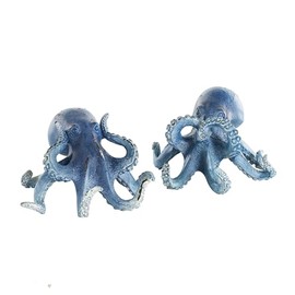 Deco 79 Polystone Octopus Decorative Sculpture Small Distressed Home Decor Statues, Set of 2 Accent Figurines 6"W, 4"H, Dark Blue