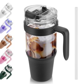 Tronco 40 oz Glass Tumbler with Handle, Leak-proof Flip Straw, Reusable Glass Tumbler with Straw and Lid, Iced Coffee Cup with Plastic Lid, Glass Water Bottles Fit in Cup Holder,Smoothie Cup
